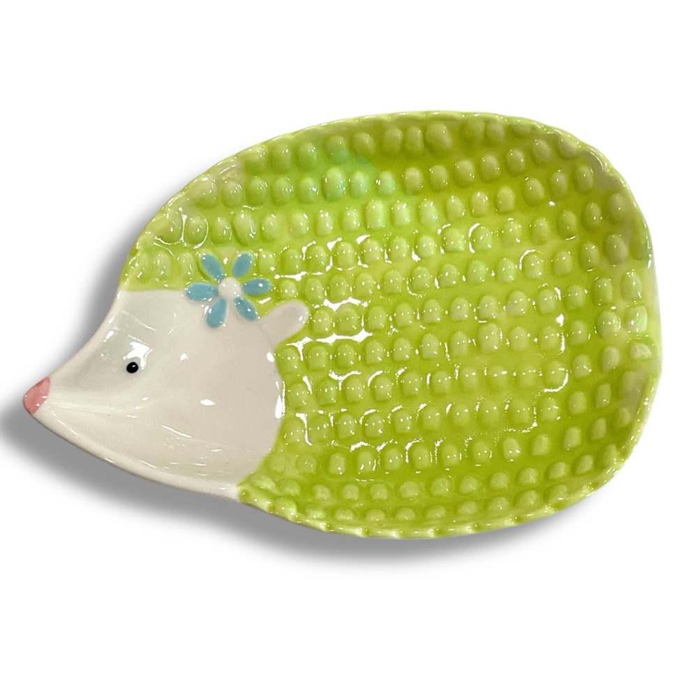 VTG Pier 1 Hedgehog Dish Spoon Rest Ceramic Lime Green Discontinued Kitschy Cute - Picture 2 of 7